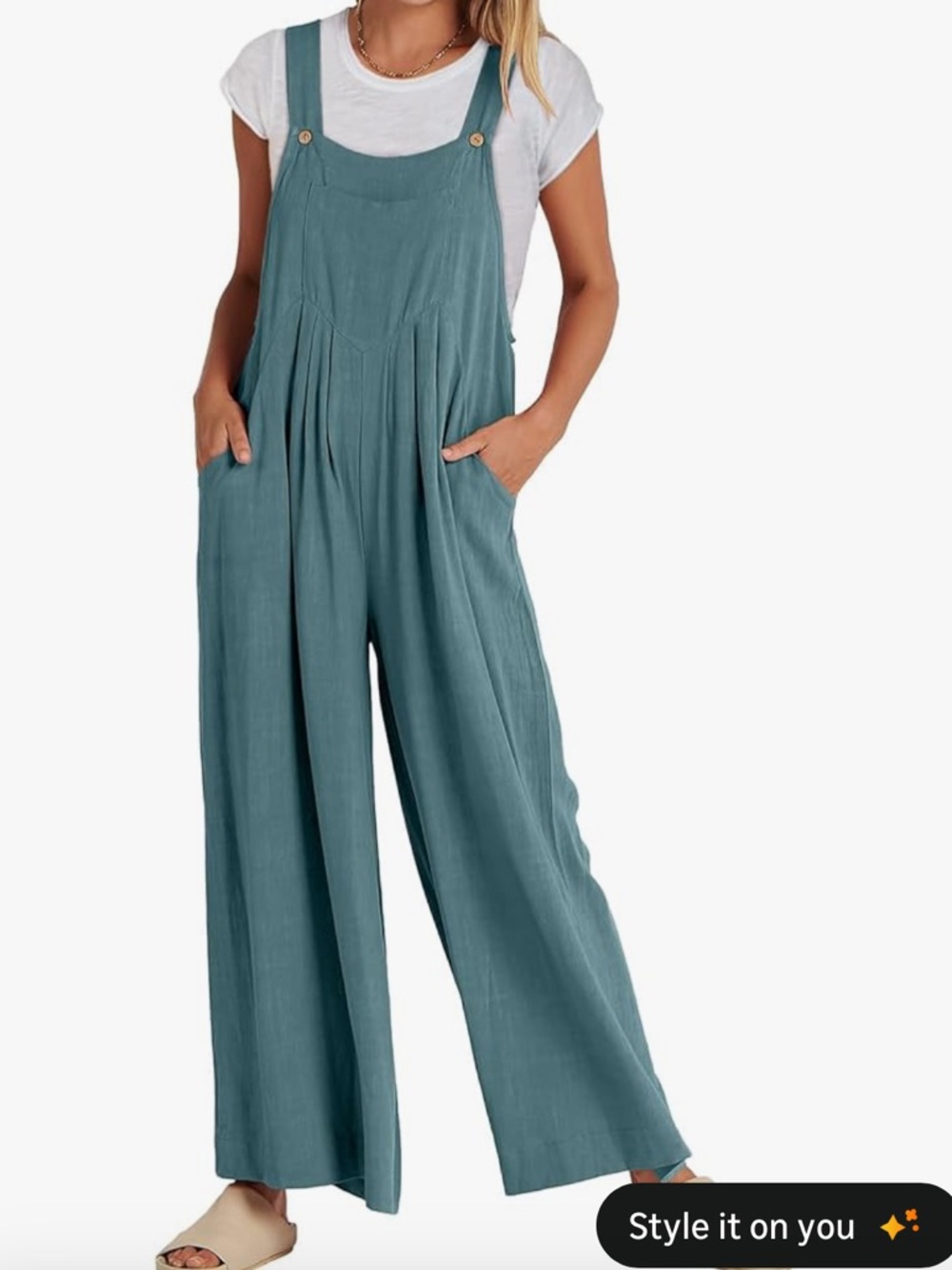 Anrabess Wide-Leg Lake Blue Linen Blend Overalls Jumpsuit Beach Vacation Large